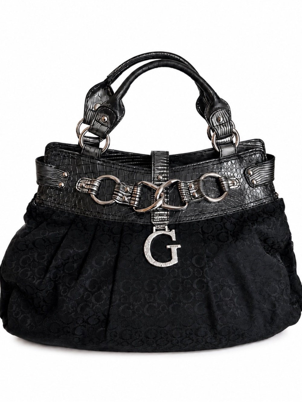 GUESS Y2K Black Monogram Handbag Rhinestone G Charm